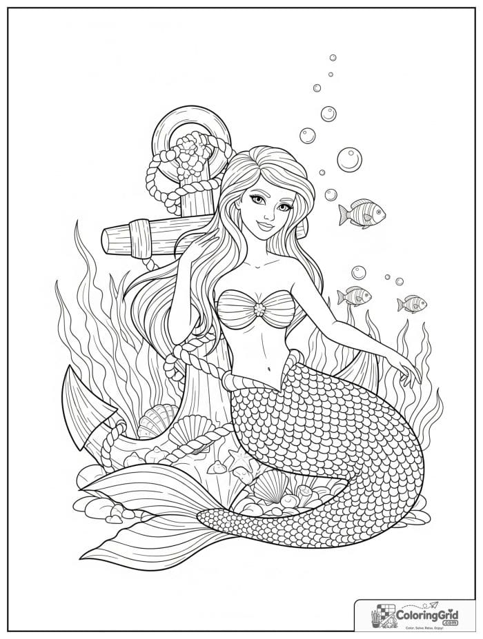 Mermaid coloring page featuring a mermaid beside an anchor and rope.