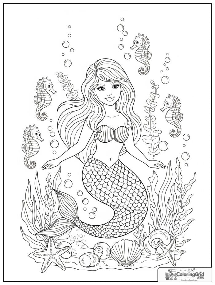 Mermaid coloring page featuring a mermaid with baby seahorses.