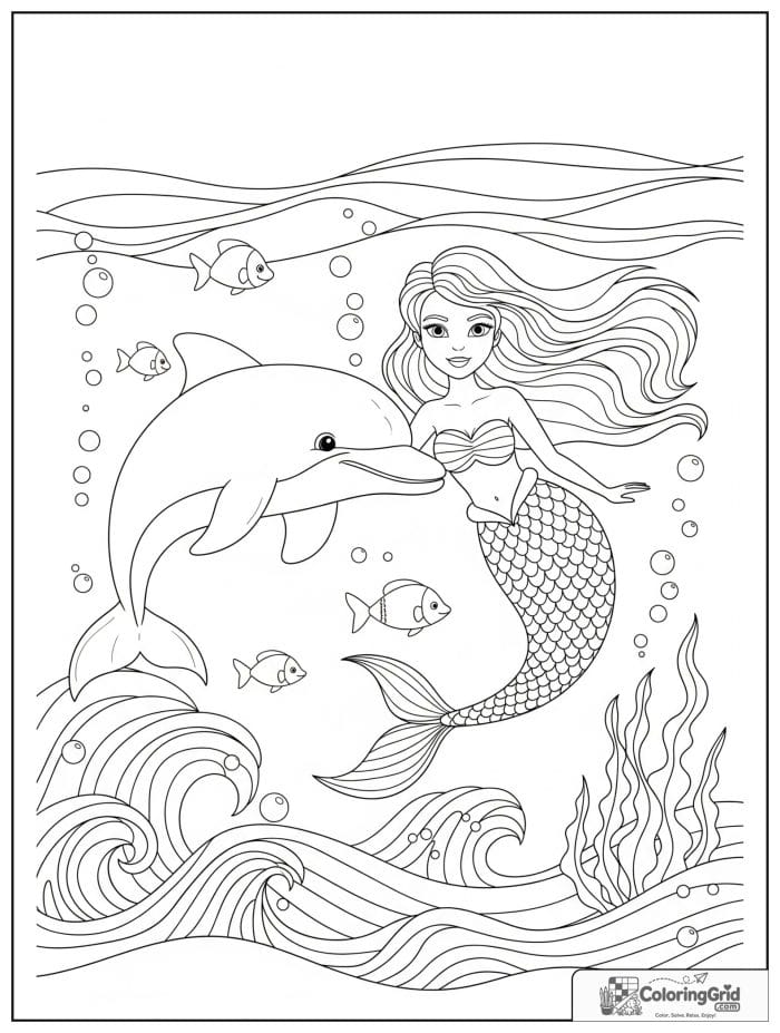 Mermaid coloring page featuring a mermaid with a dolphin friend.