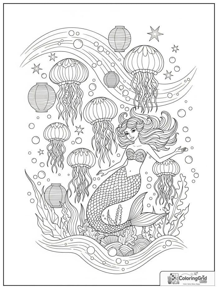 Mermaid coloring page featuring a mermaid with jellyfish lanterns.