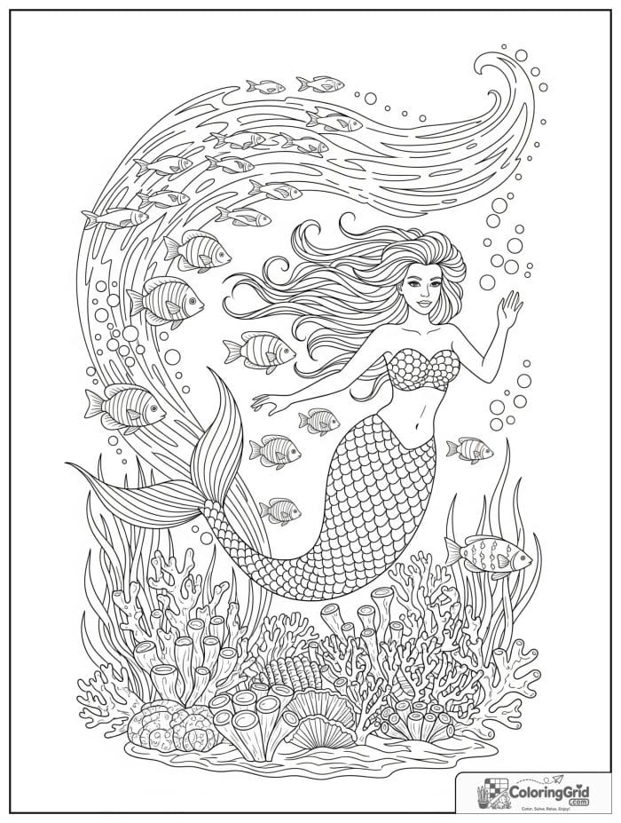 Mermaid coloring page featuring a mermaid swimming with a school of fish.