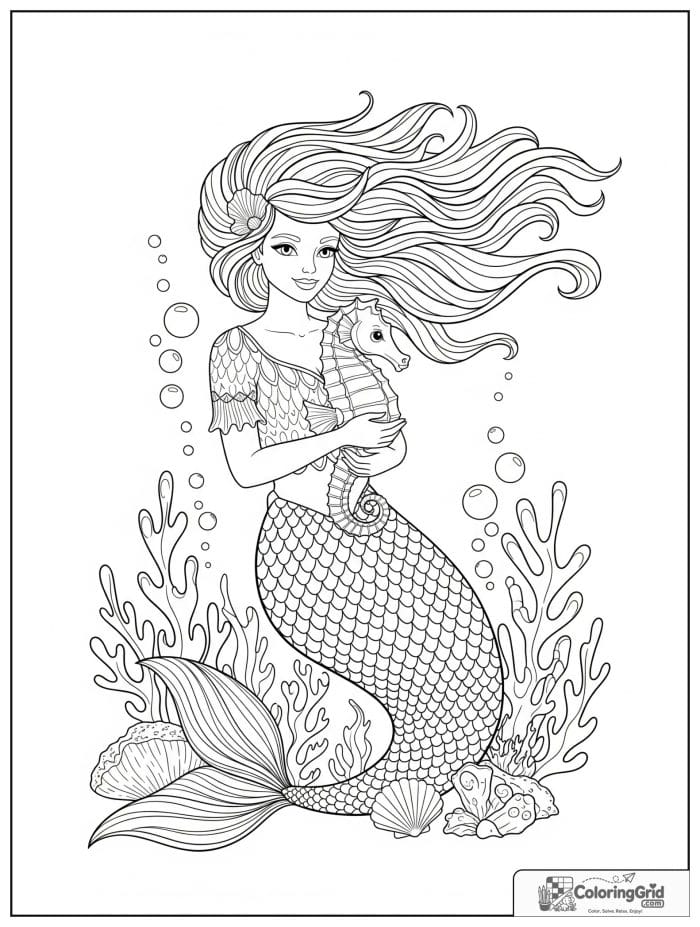 Mermaid coloring page featuring a mermaid with a seahorse.