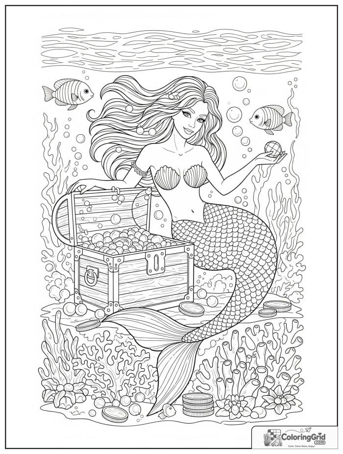 Mermaid coloring page featuring a mermaid opening a treasure chest.