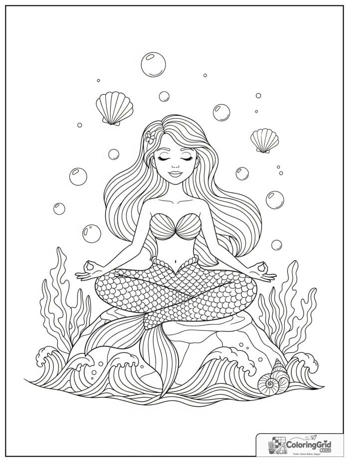 Mermaid coloring page featuring a mermaid doing yoga with seashells around her.
