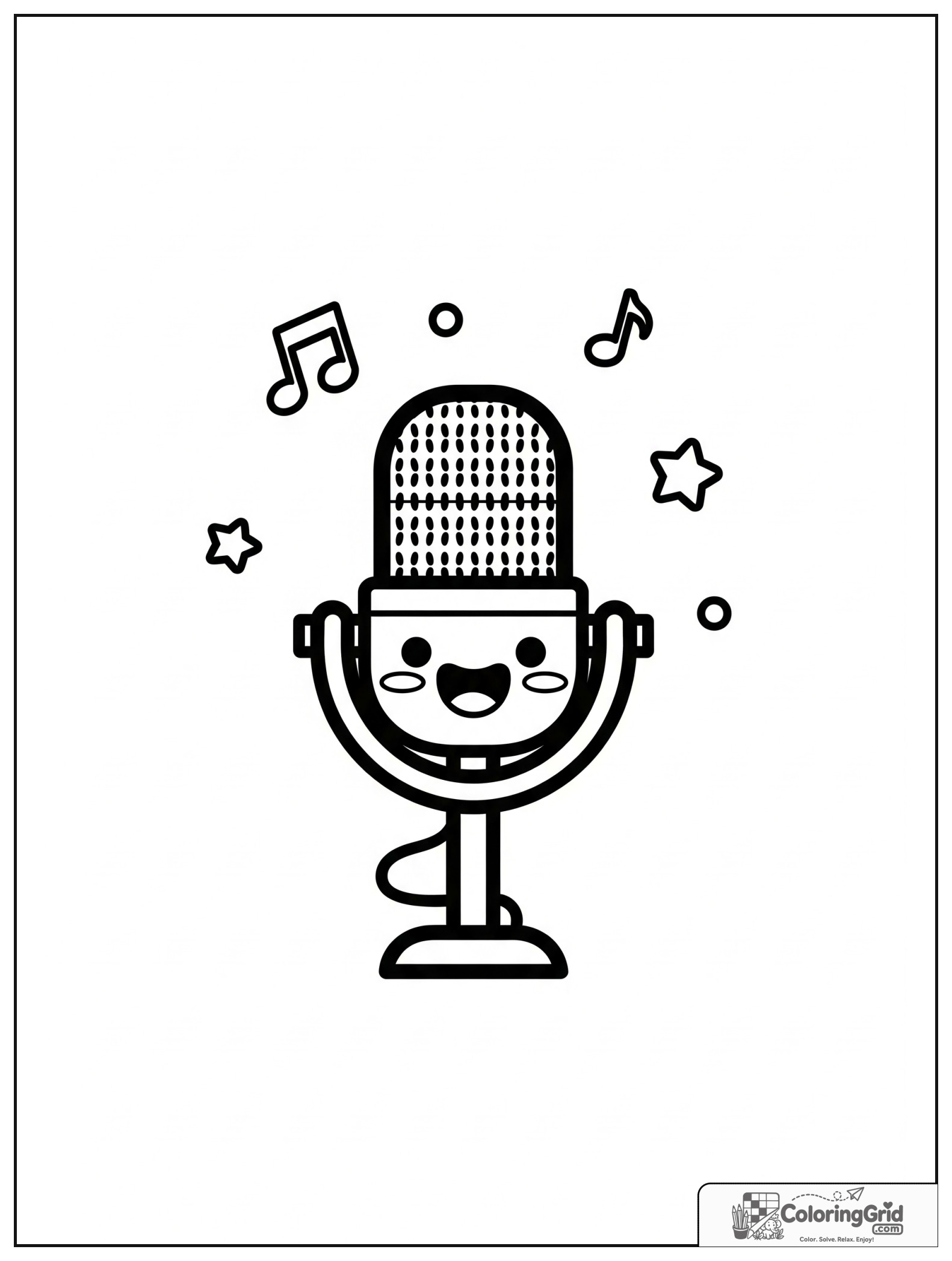 Cute smiling microphone with small music note and star decorations.