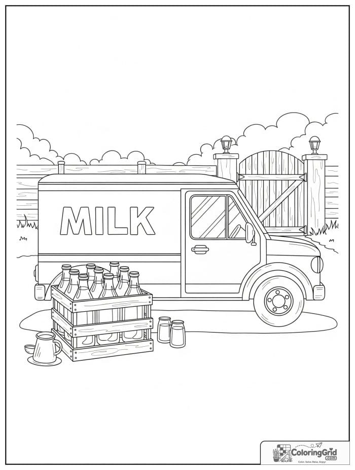Truck coloring page featuring a milk delivery truck with bottle crates.