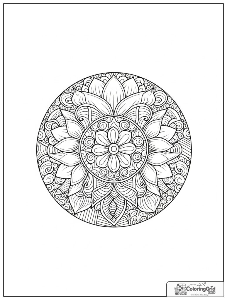 Mindful breathing circle mandala with zentangle waves and lotus petals