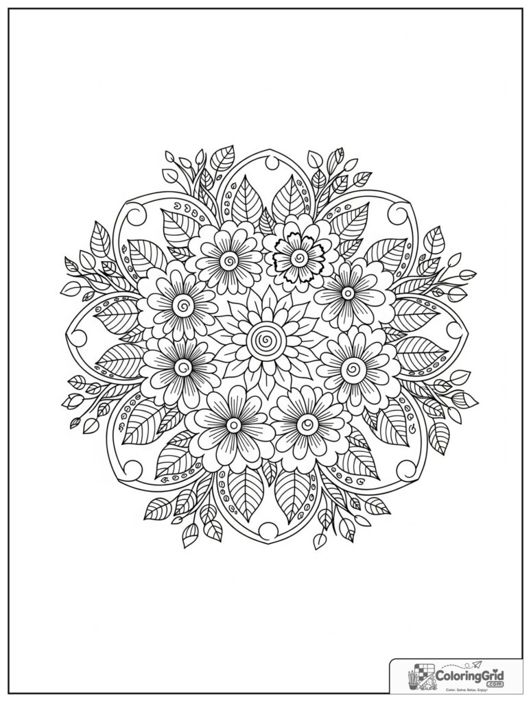 Mindful garden flower mandala with zentangle vines and seed doodles