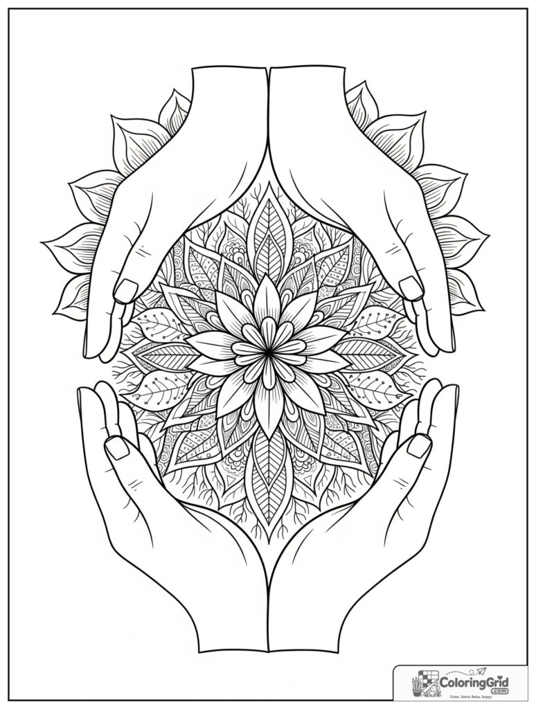 Mindful hands flower mandala with compassion rings and zentangle palm lines