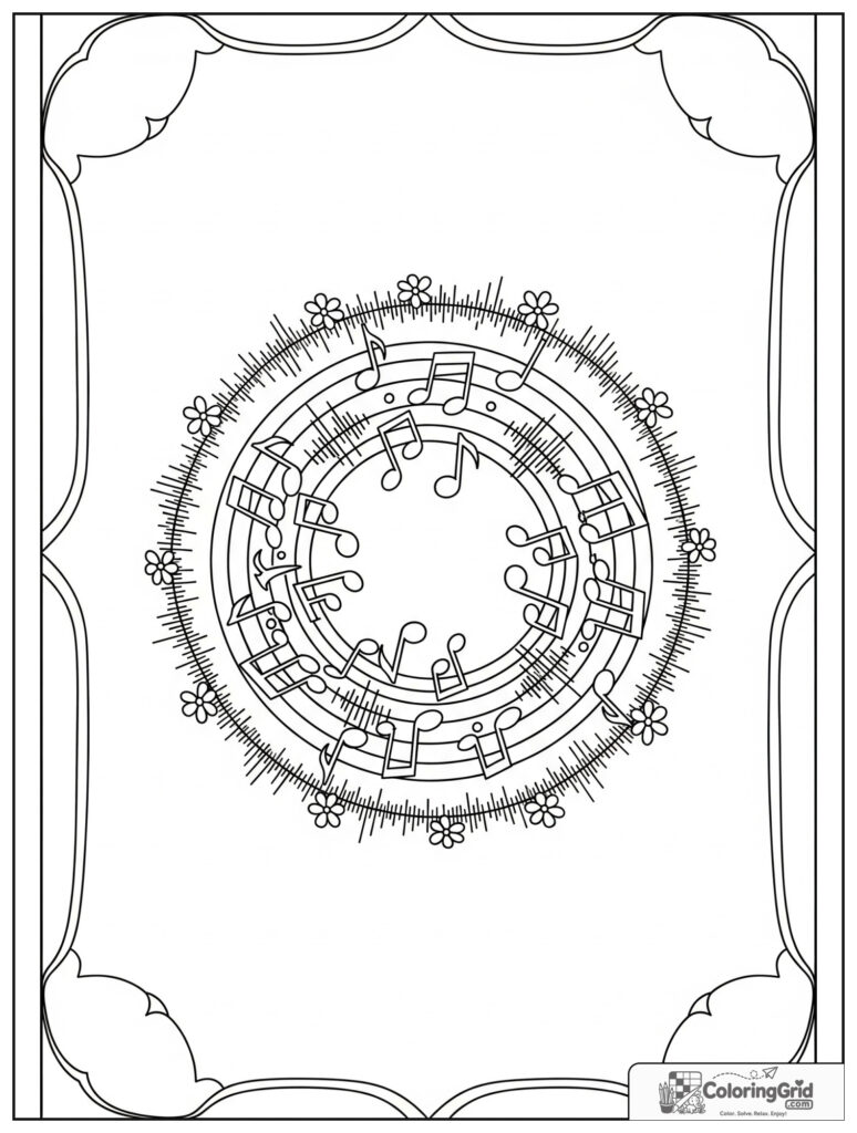 Mindful music note mandala with sound waves and zentangle rhythm patterns