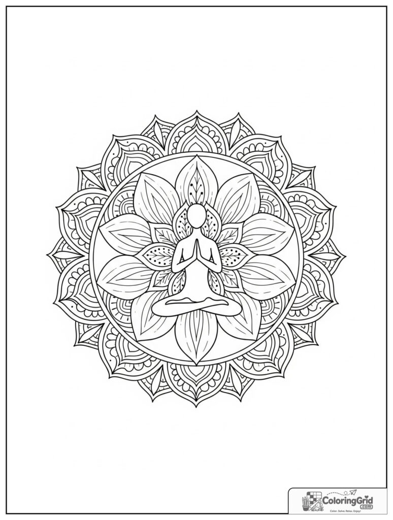 Mindful yoga pose mandala with lotus rings and zentangle petals