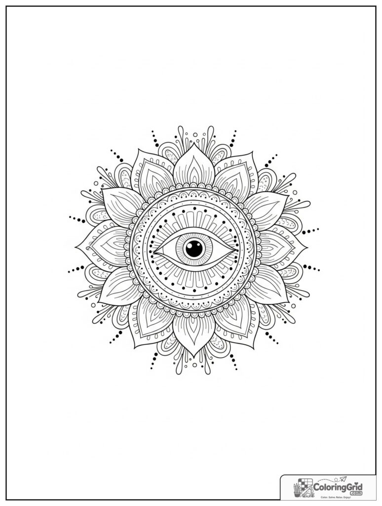 Mindfulness eye focus mandala with lotus petals and zentangle lashes