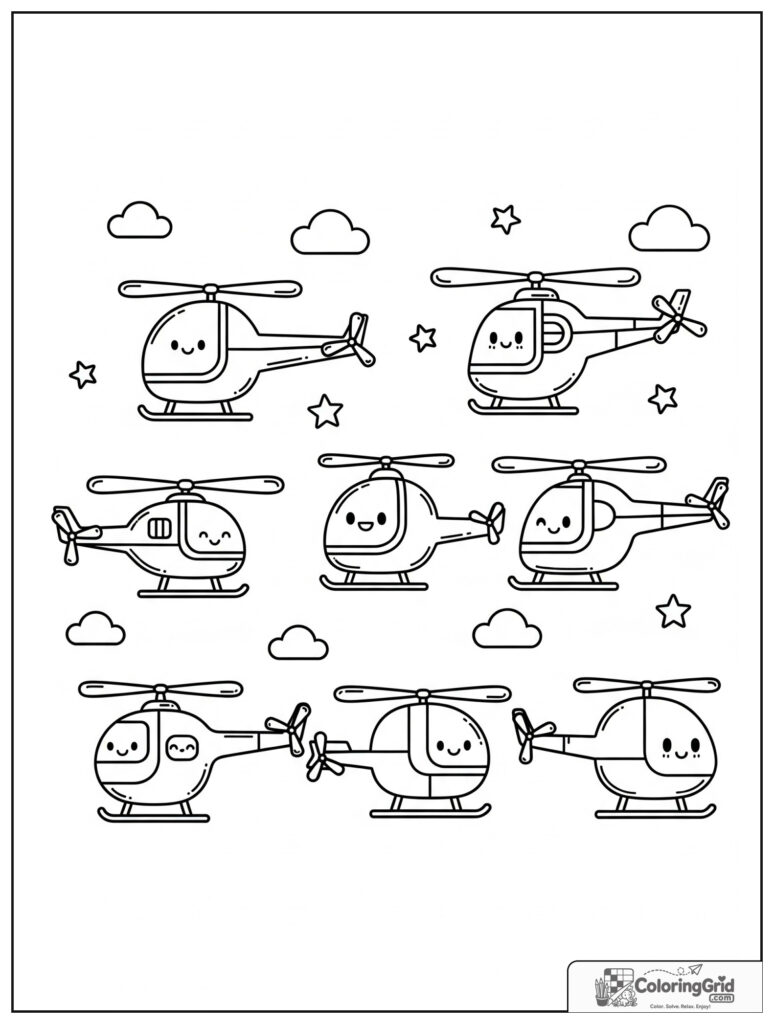 Cute lineup of mini helicopters with small cloud and star decorations.