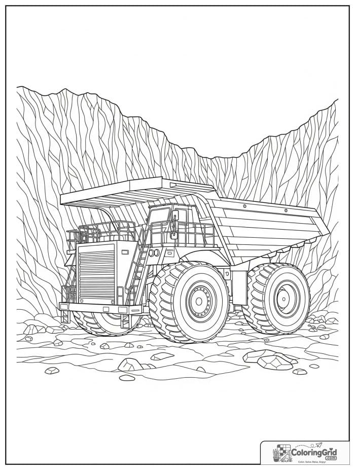 Truck coloring page featuring a mining haul truck at a rocky site.