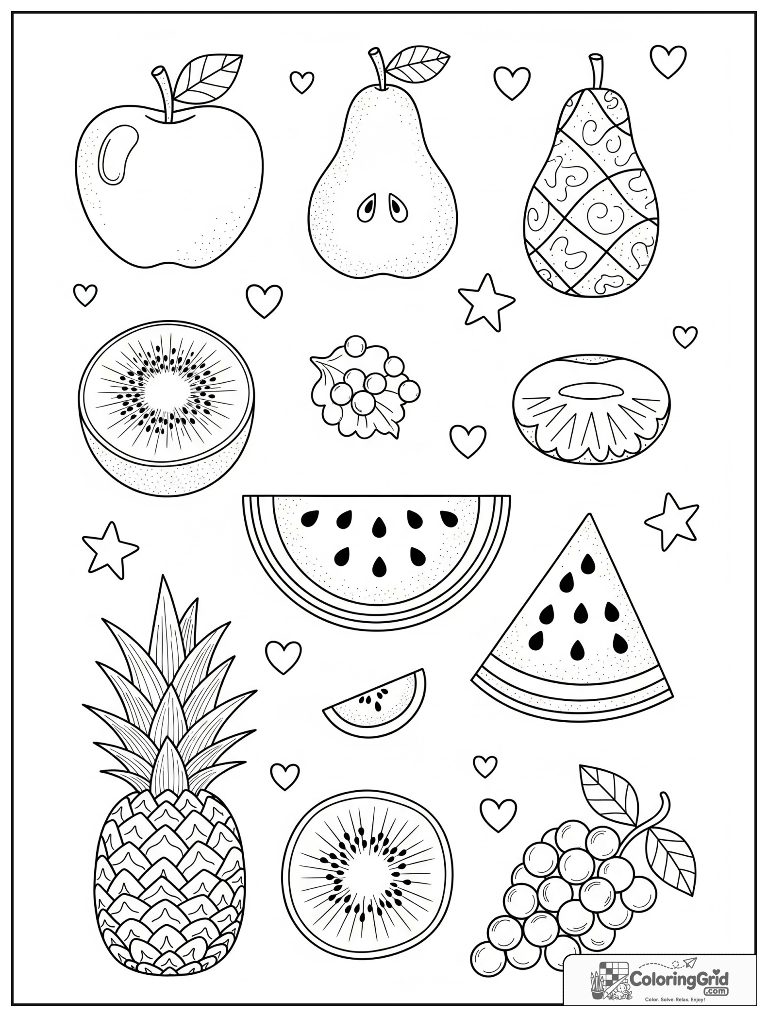 Cute mixed fruit scrapbook with small heart and star decorations.