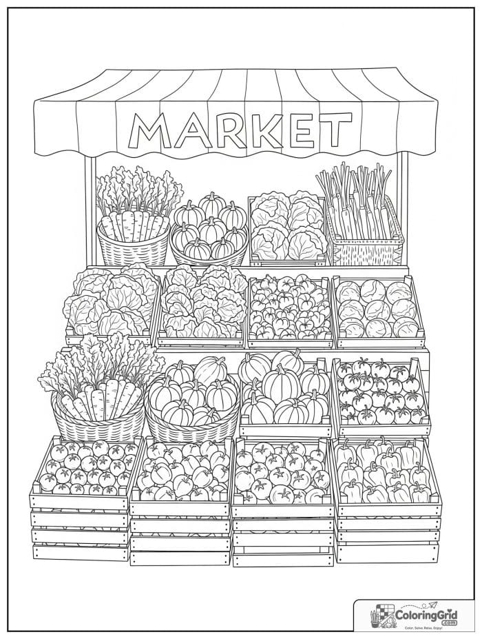 Vegetable coloring page featuring a market stand full of vegetables.