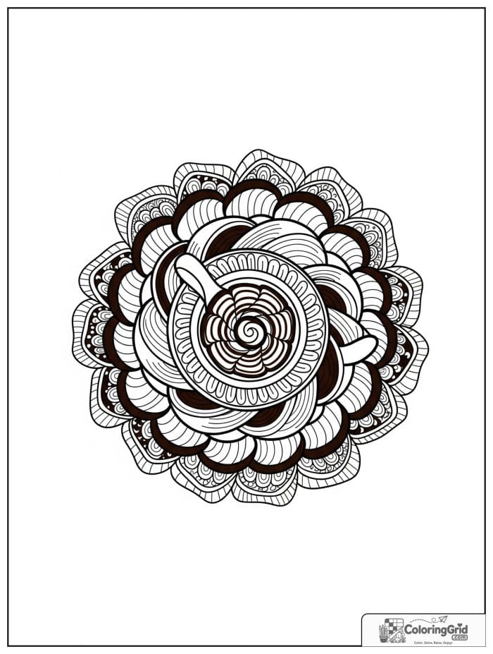 Mocha swirl mandala with scalloped petals and coffee bean layers.