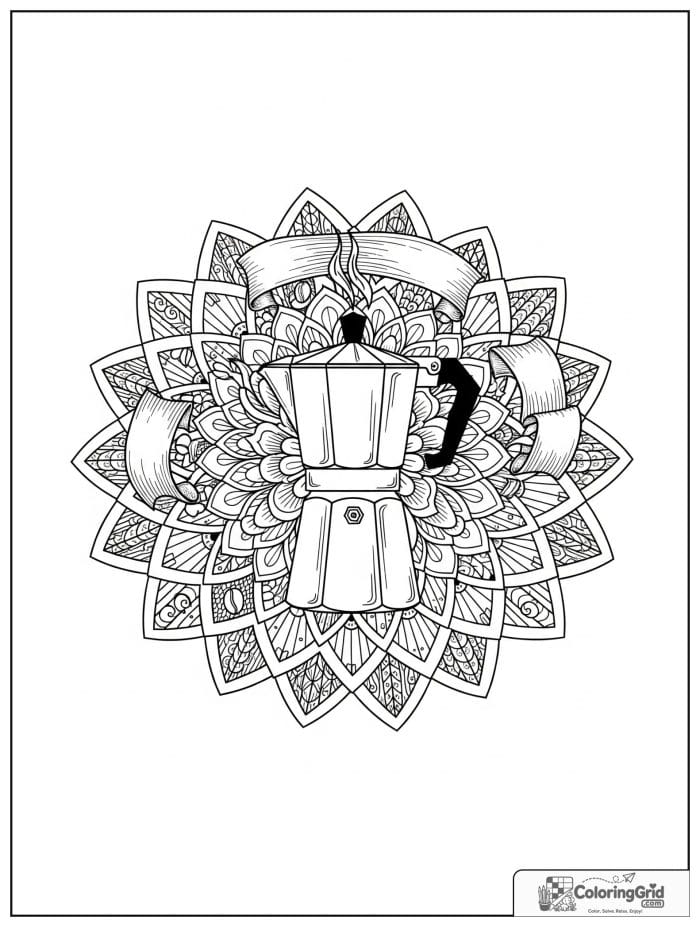 Moka pot mandala with geometric coffee-themed rings.