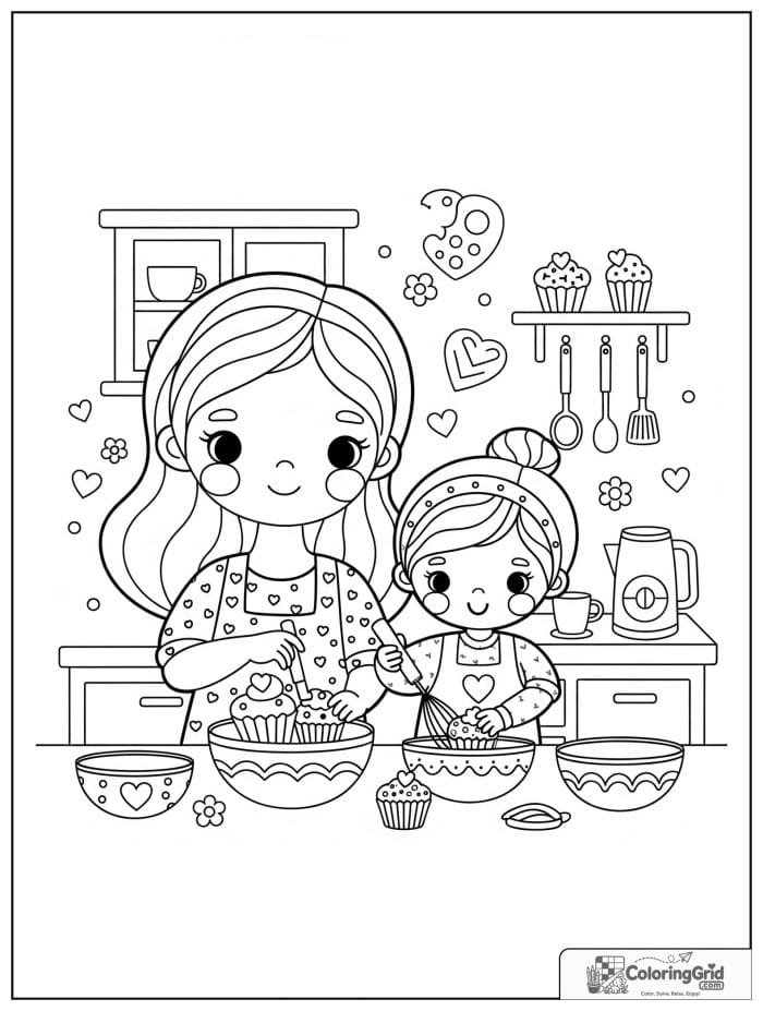 Mom and child baking cupcakes together.