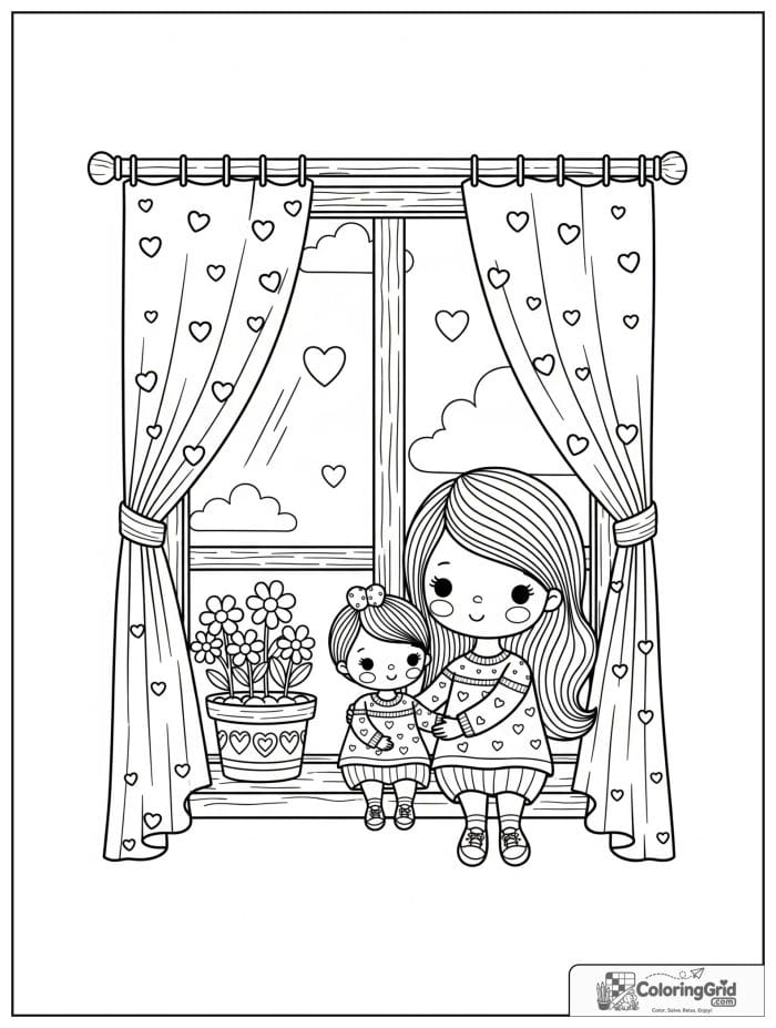 Mother and child by a window with flowers.