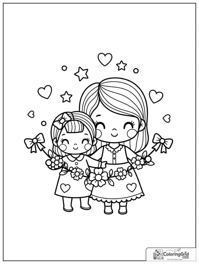 Mother and child holding a flower garland.