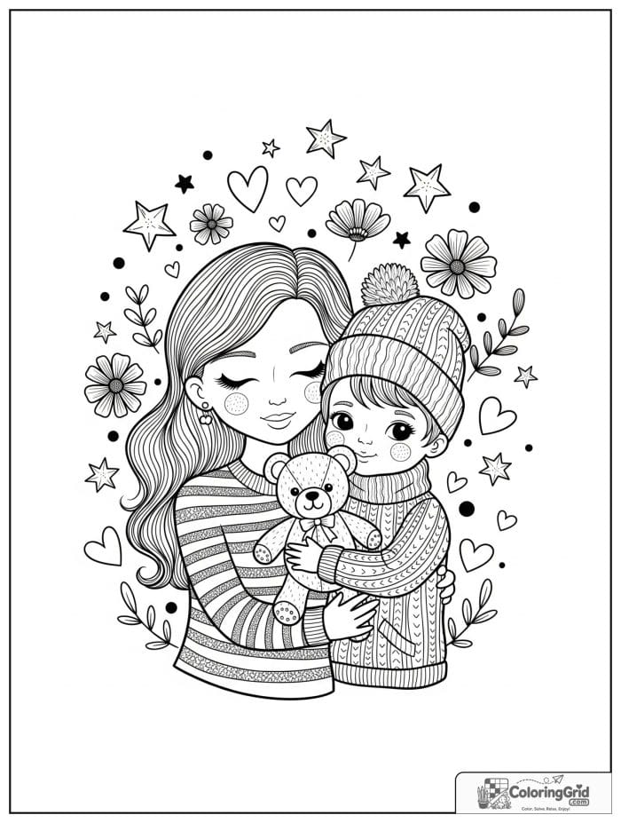 Mother and child holding a teddy bear.