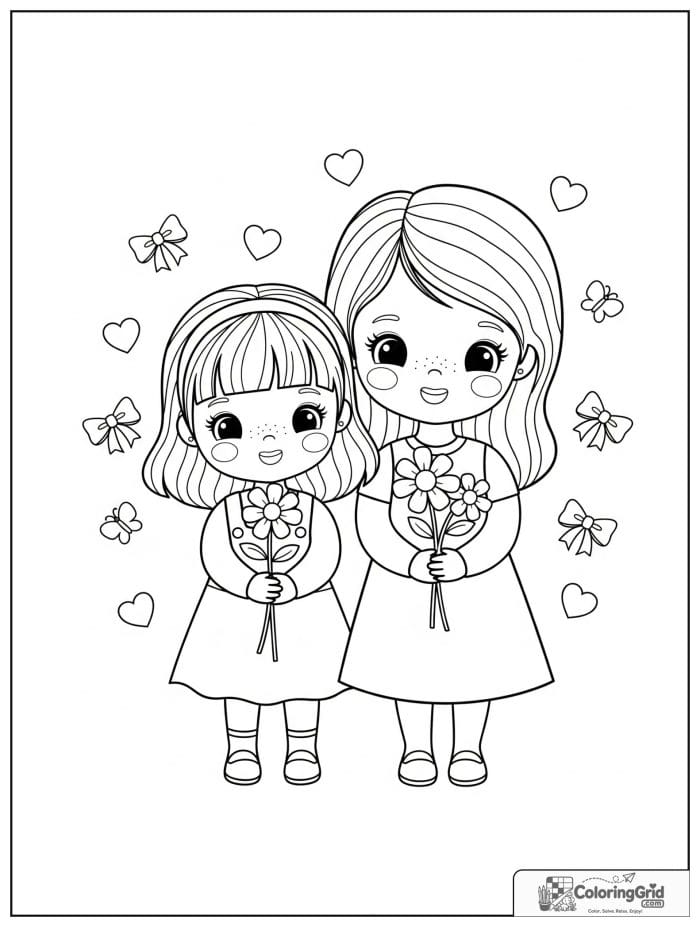 Mom and daughter holding flowers together.