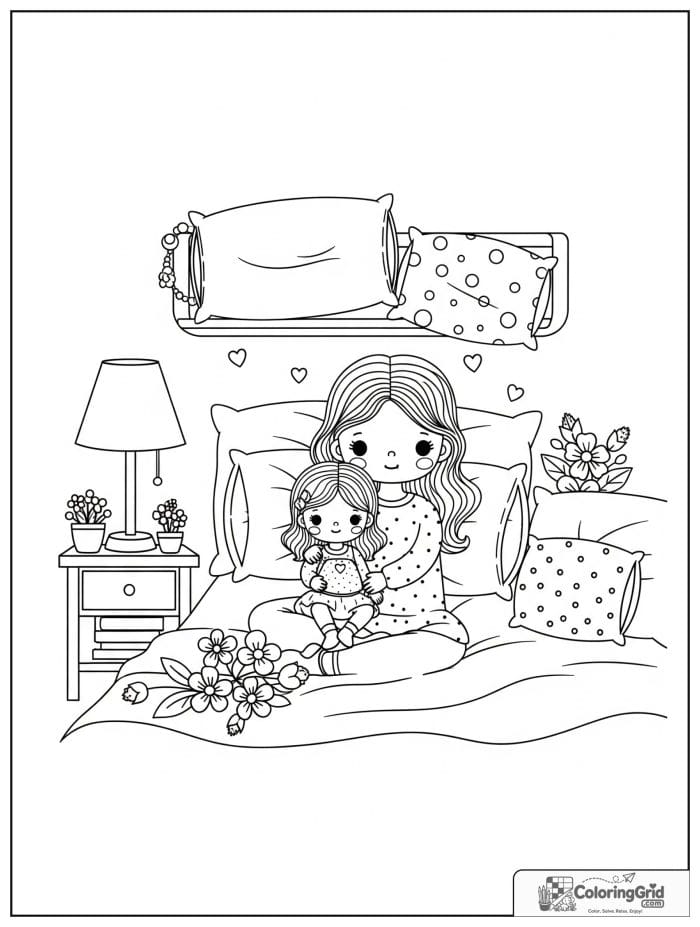 Mother and daughter in a cozy bedroom scene.