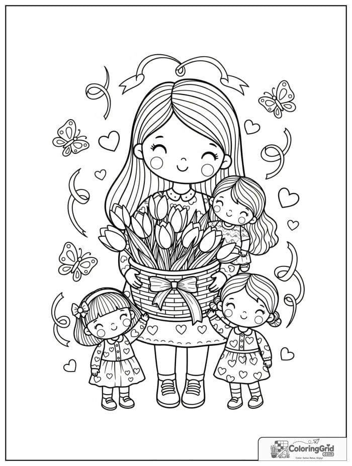 Mom and kids carrying a basket of tulips.