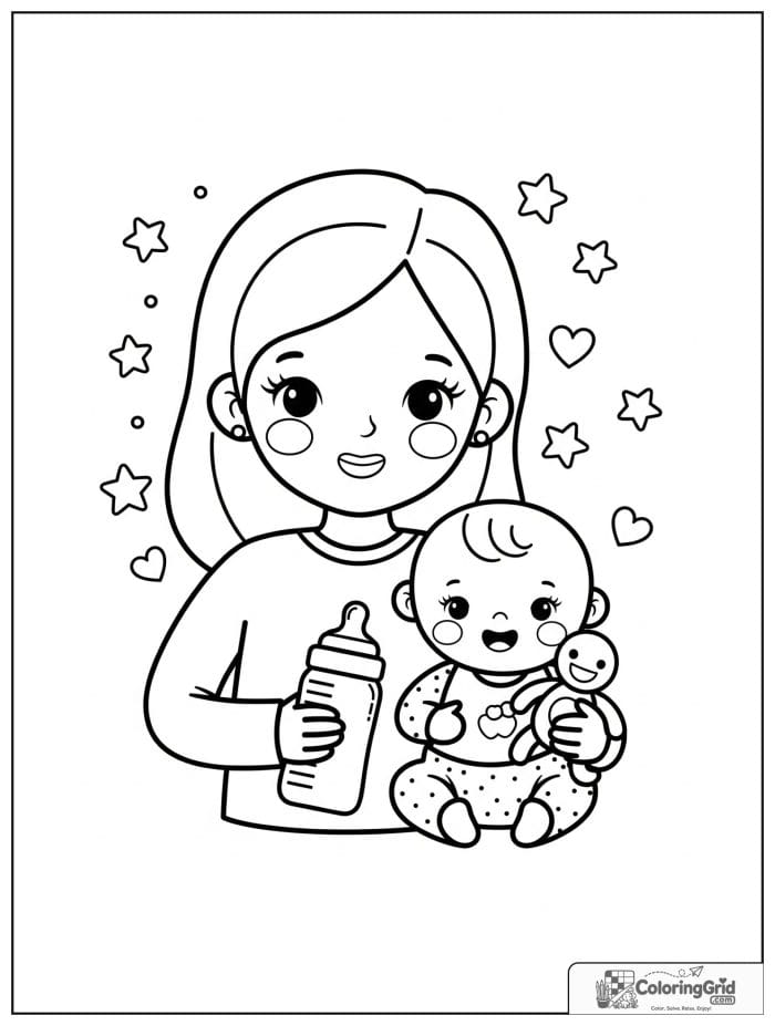 Mom with a baby bottle and toy beside a happy baby.