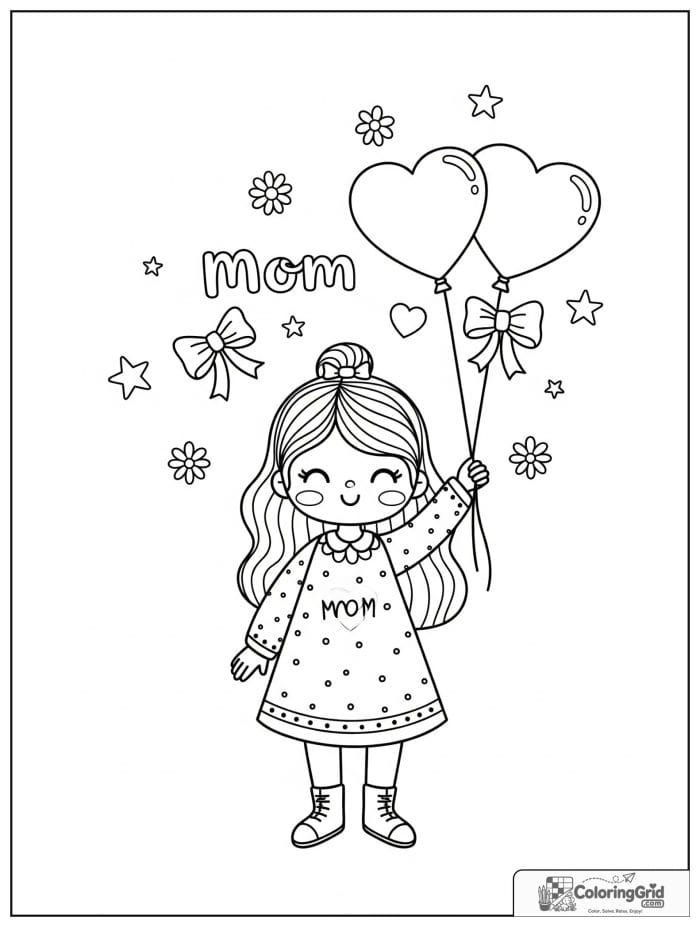 Mom holding two heart-shaped balloons.