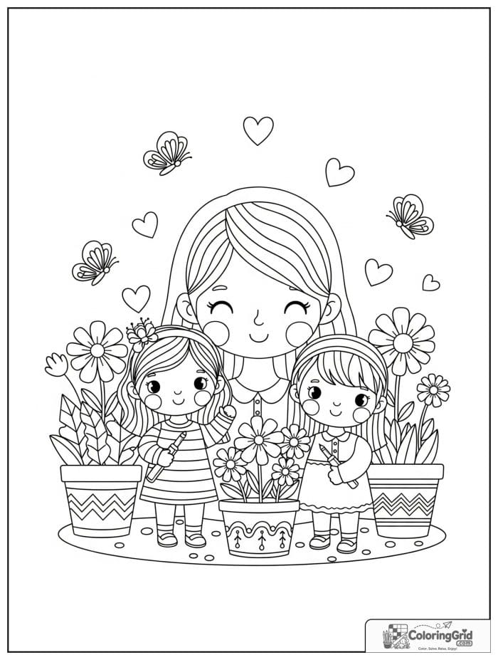 Mom in a flower garden with kids.
