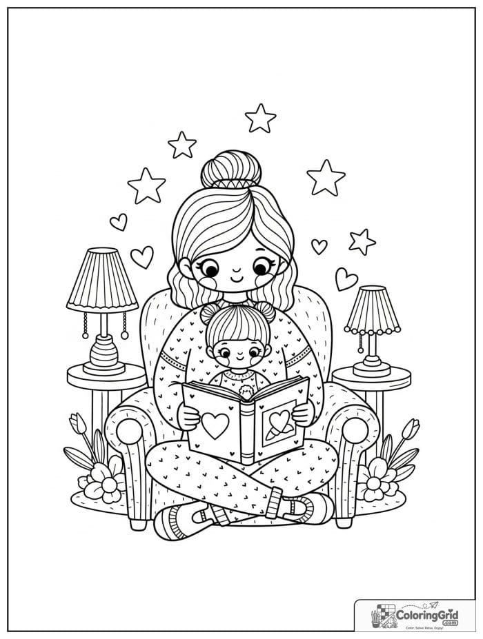Mom reading a storybook to her child.