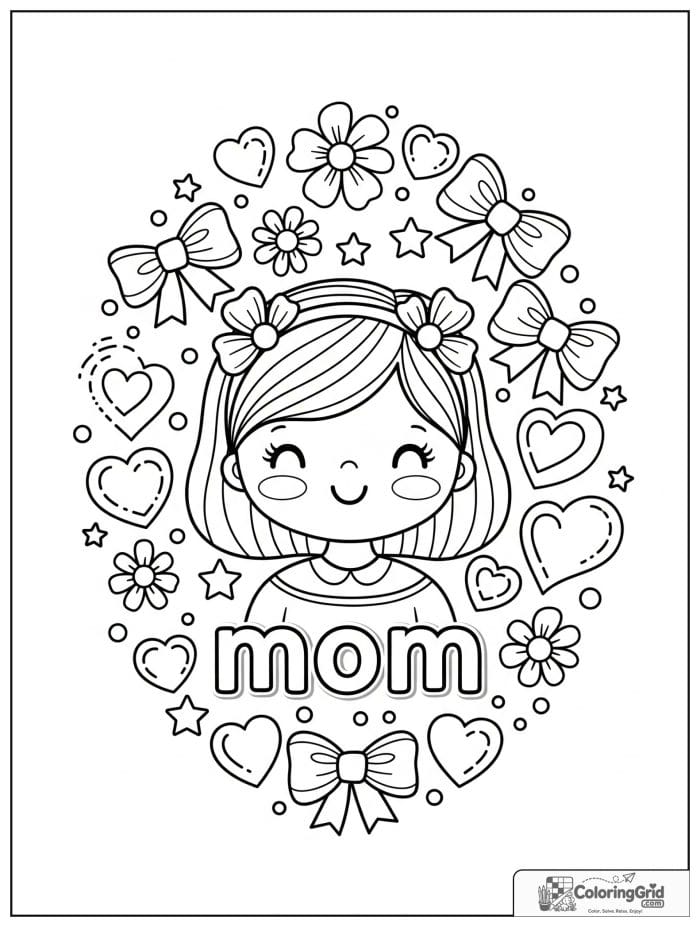 Smiling mom surrounded by hearts and bows.