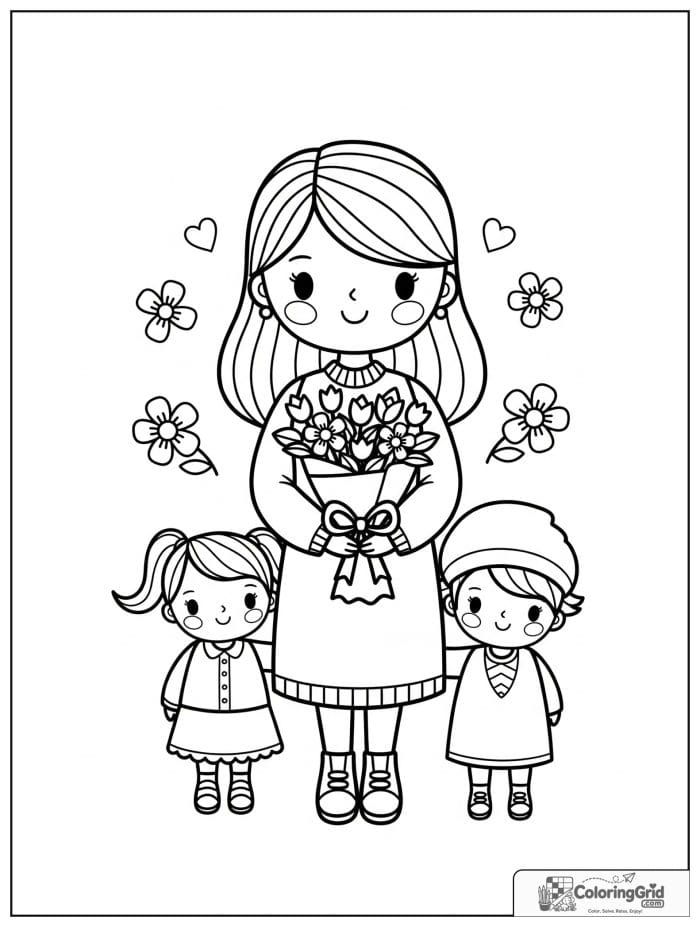 Mom holding a bouquet with smiling kids.