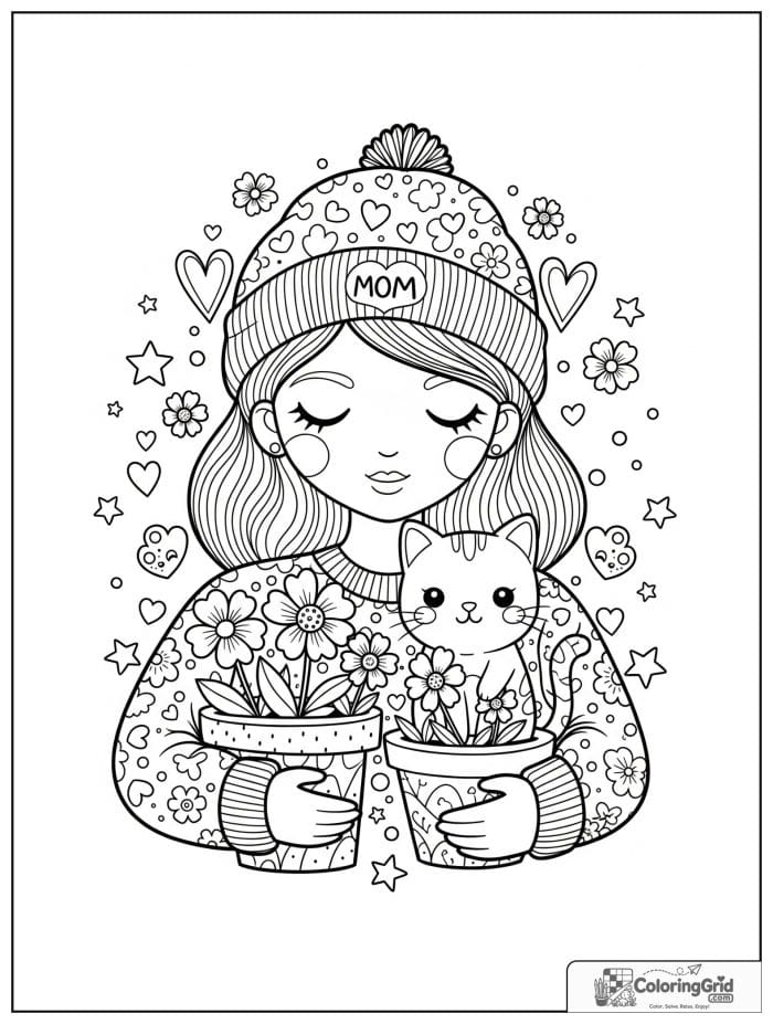 Mom with a cat and a flower pot.
