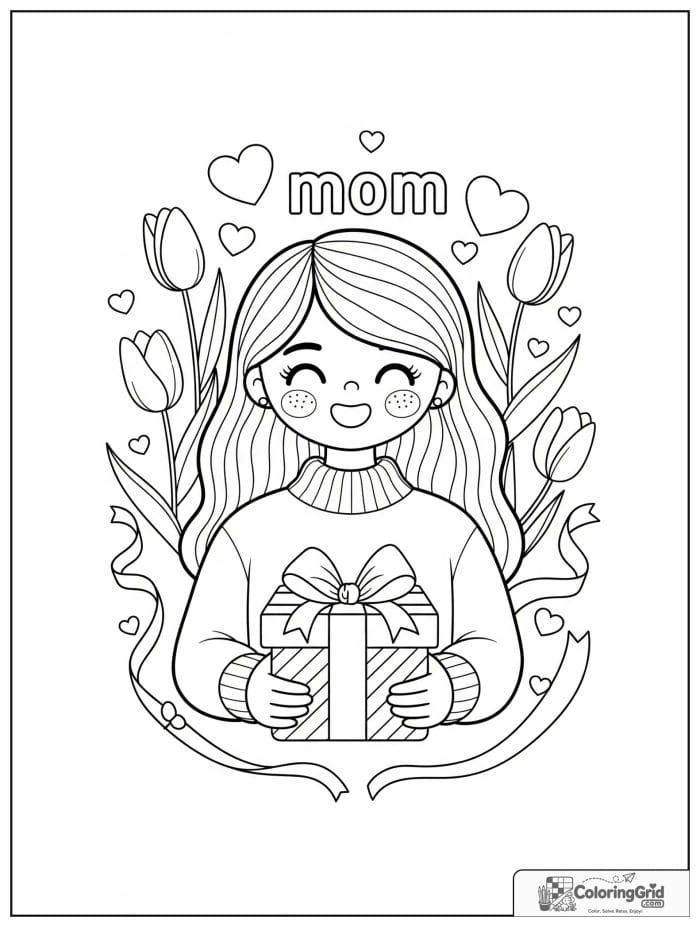 Mom with a wrapped gift box and flowers.