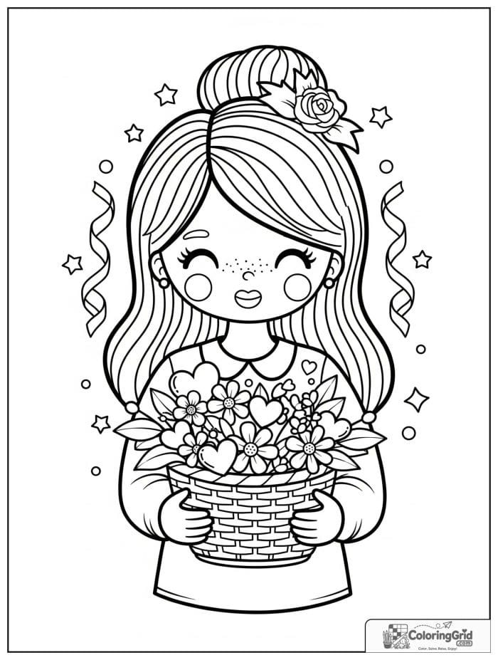 Mom holding a spring basket filled with flowers.