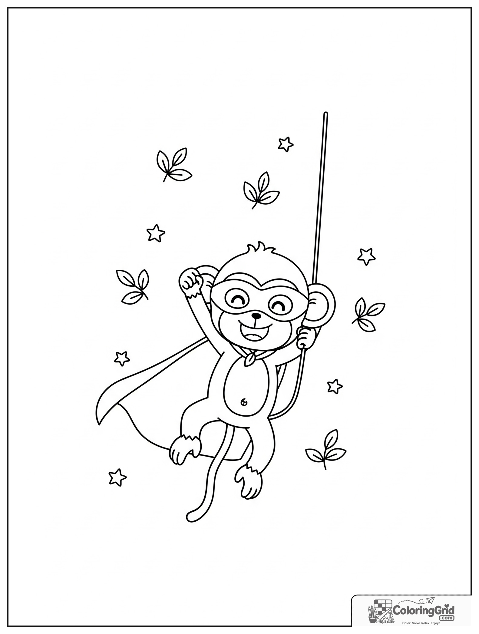 Cute monkey superhero swinging with small leaf and star details in the background.