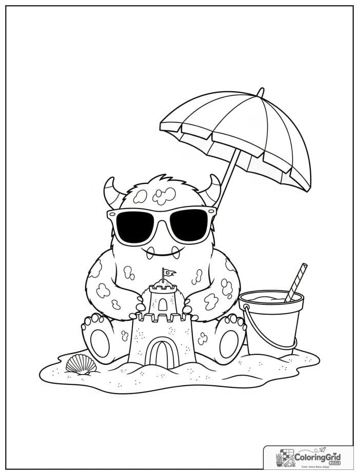 Playful monster building a sandcastle at the beach