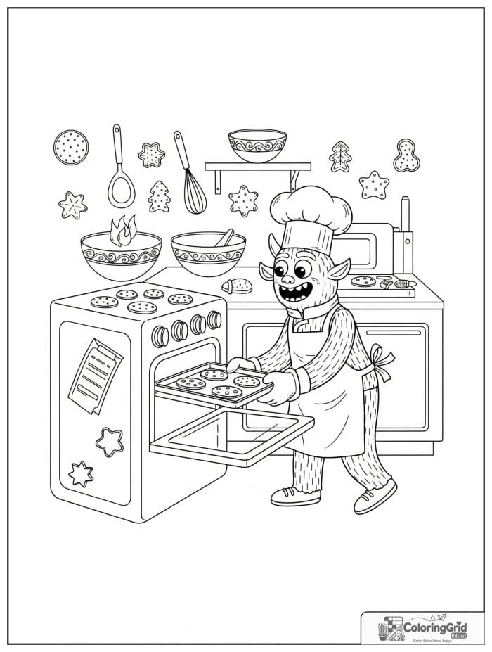 Busy monster baker with cookies in the kitchen