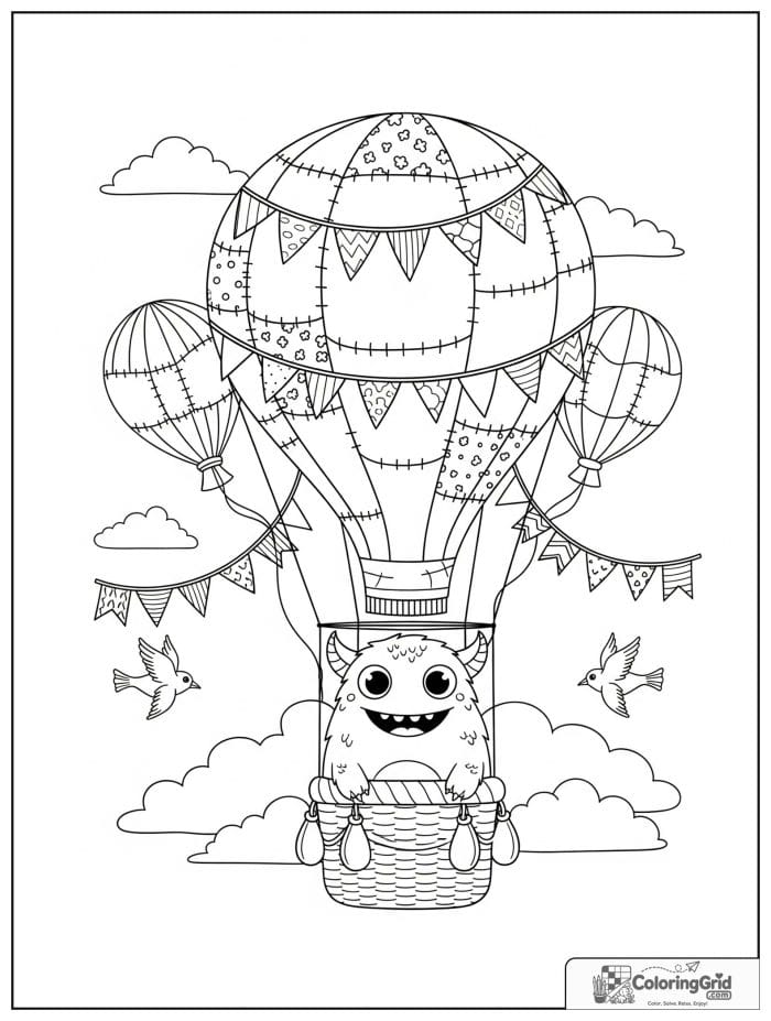 Happy monster riding in a hot air balloon