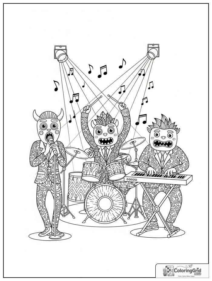 Three monsters performing in a band