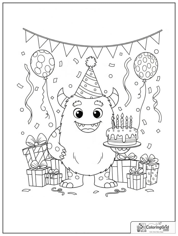 Cheerful monster with birthday cake and party hat