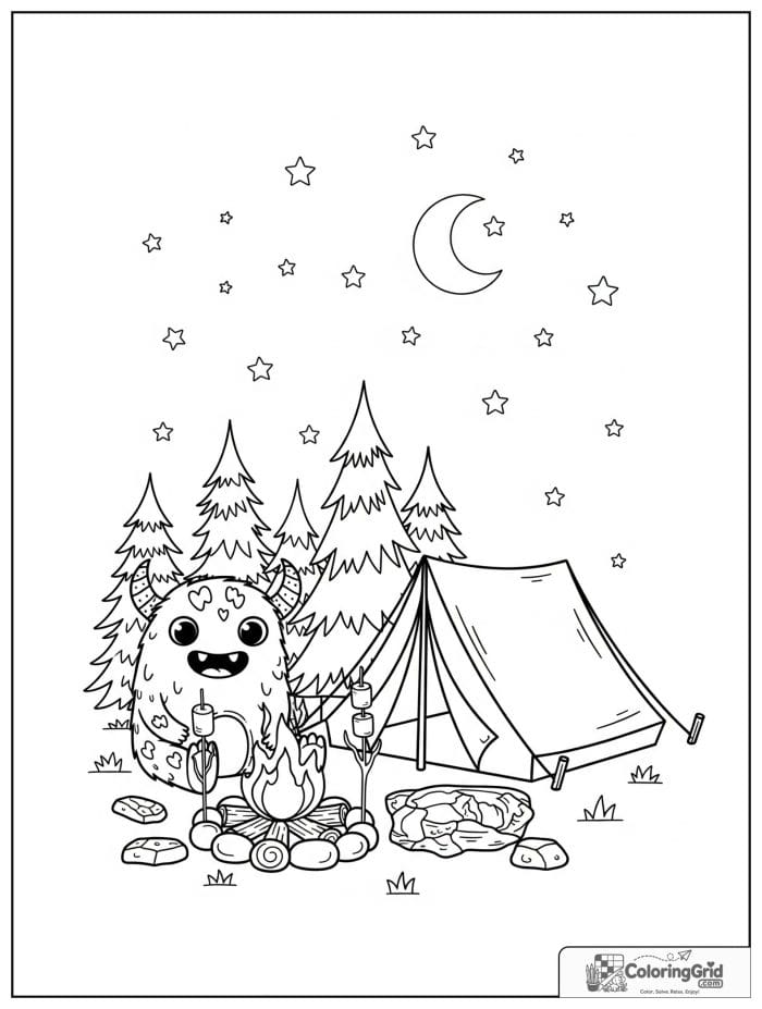 Happy monster camping near a tent and campfire