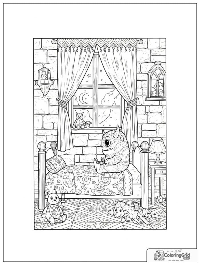 Little monster in a fantasy castle bedroom