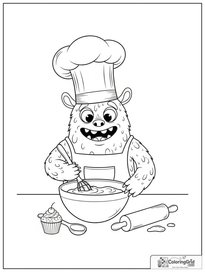 Funny monster chef mixing batter in a kitchen