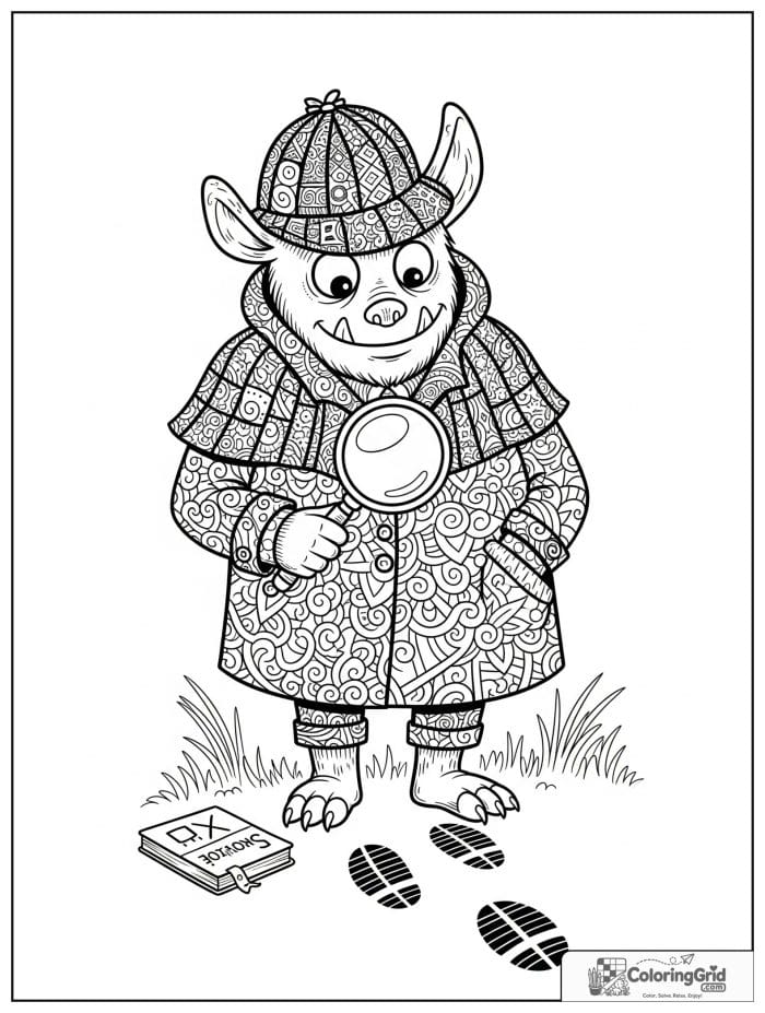 Monster detective with magnifying glass and clues