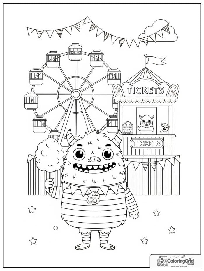 Cheerful monster at a fairground with cotton candy