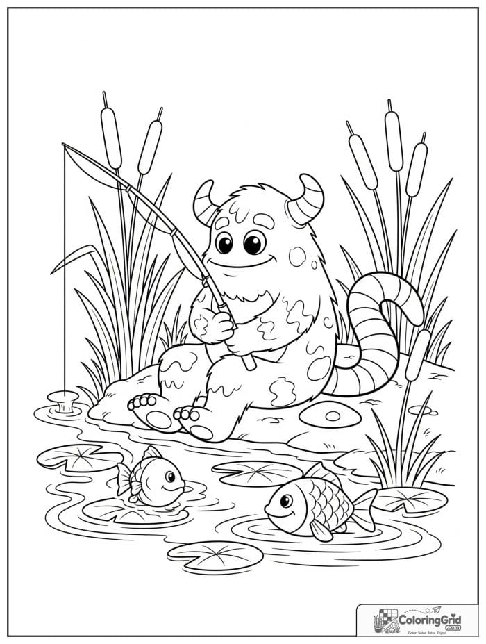 Relaxed monster fishing by a pond